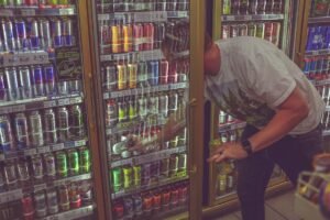 Person selecting an energy drink can from a convenience store cooler